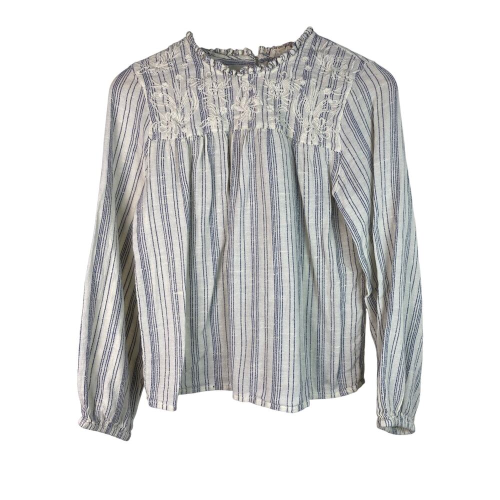 World Market Women's Size‎ S Cream Blue Striped Floral Embroidered Peasant Top *